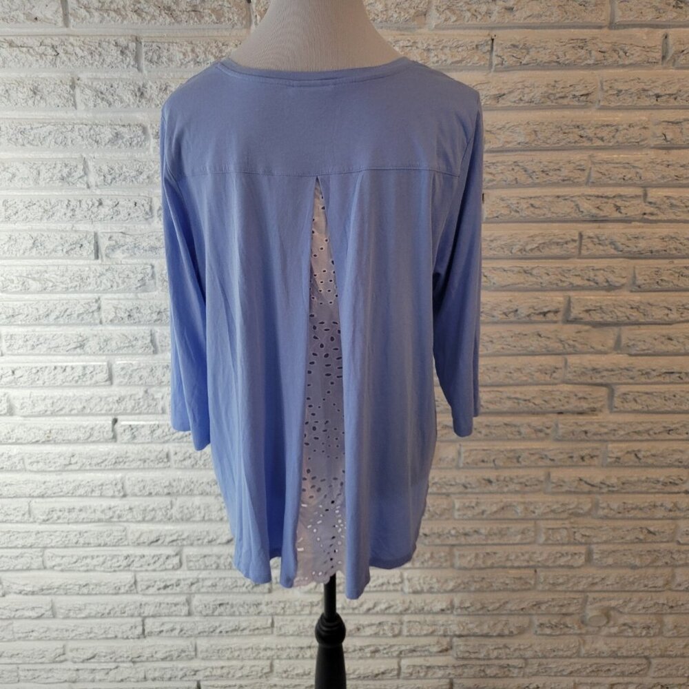 J Jill XL Womens Blue 3/4 Sleeve V-Neck Split Back Eyelet Cotton Top BLU5E